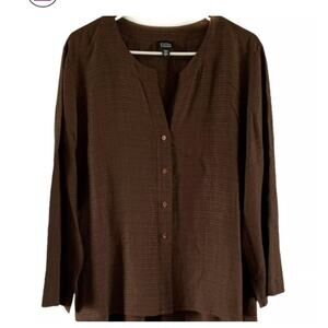 Eileen Fisher Woman Brown Button Front Tunic Italian Fabric Linen Blend Size L